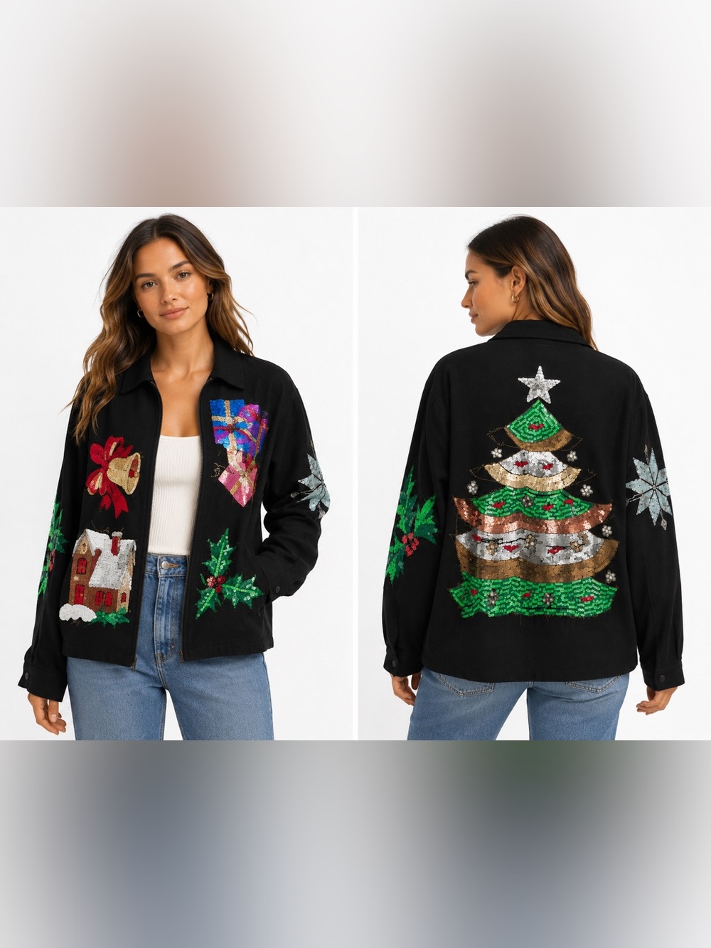 RARE Modi Vintage Hand-Sequined Christmas Jacket Holiday Statement Piece | Large